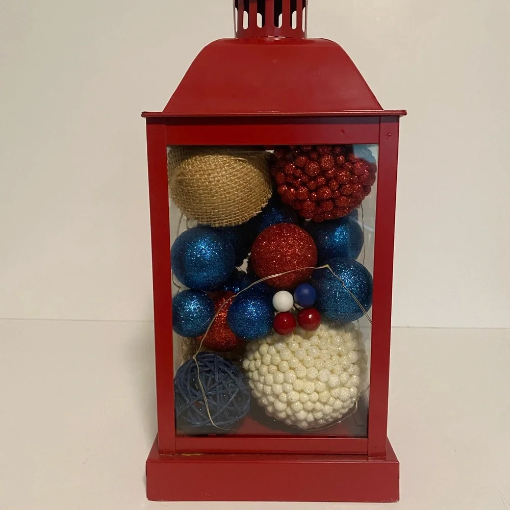 Red Metal Lantern with Patriotic Accents Battery Powered Lights